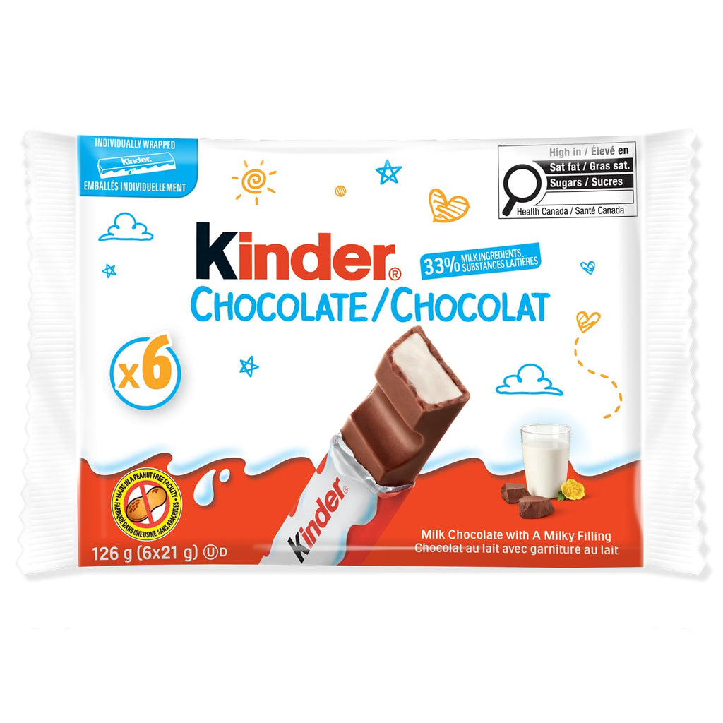 KINDER CHOCOLATE/CHOCOLAT bar; Single Bars; Milk Chocolate Candy bar with a Milky Filling; 6-Pack; Individually Wrapped Milk Chocolate Bars; 6x21g (126g)