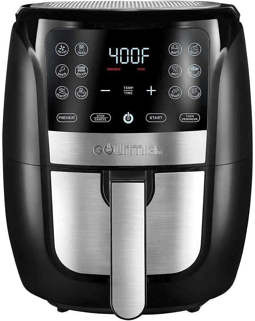 Gourmia Air Fryer Oven Digital Display Large AirFryer Cooker 12 1-Touch Cooking Presets, XL Air Fryer Basket 1500w Power Multifunction Black and Stainless Steel Accents FRY FORCE 360