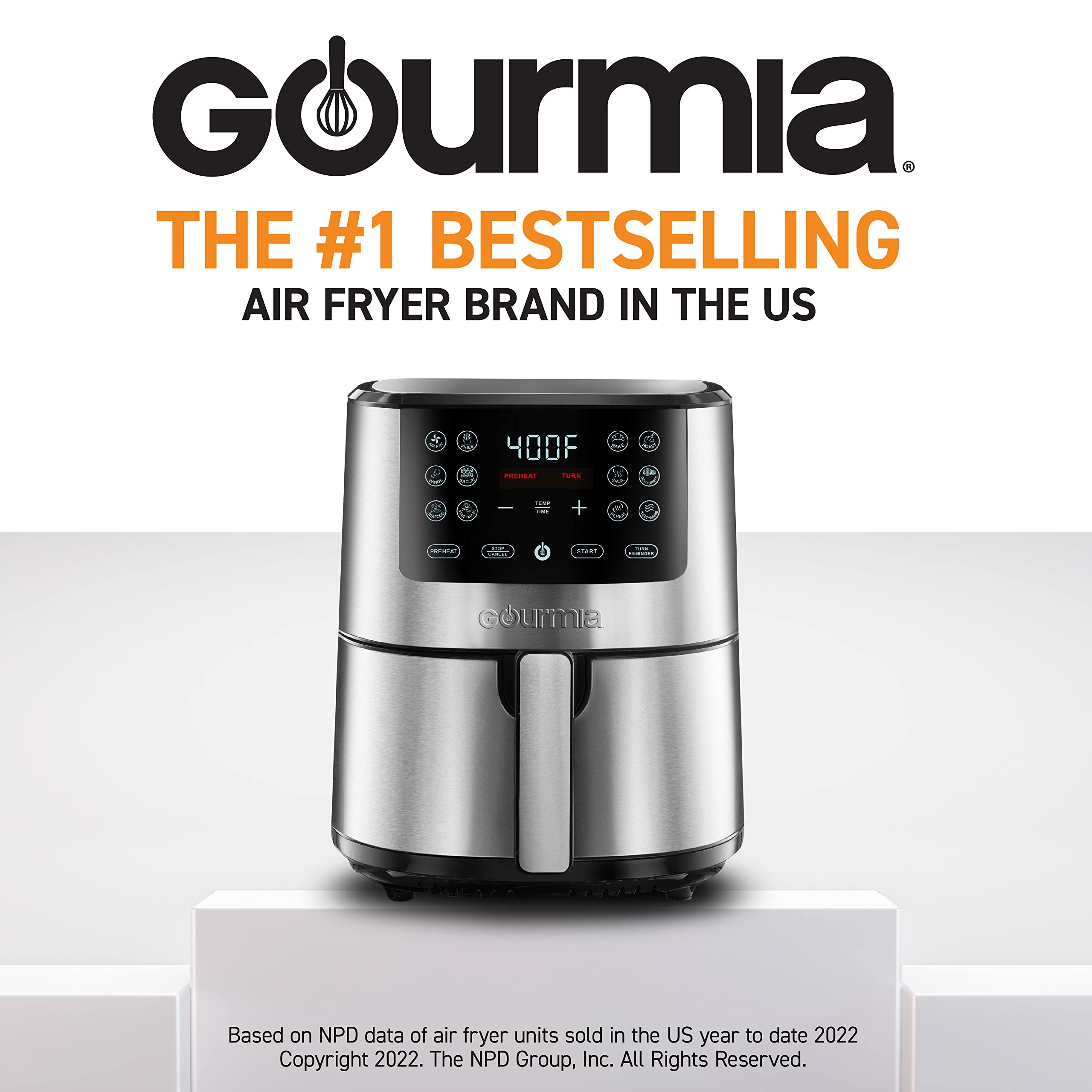 Gourmia Air Fryer Oven Digital Display Large AirFryer Cooker 12 1-Touch Cooking Presets, XL Air Fryer Basket 1500w Power Multifunction Black and Stainless Steel Accents FRY FORCE 360
