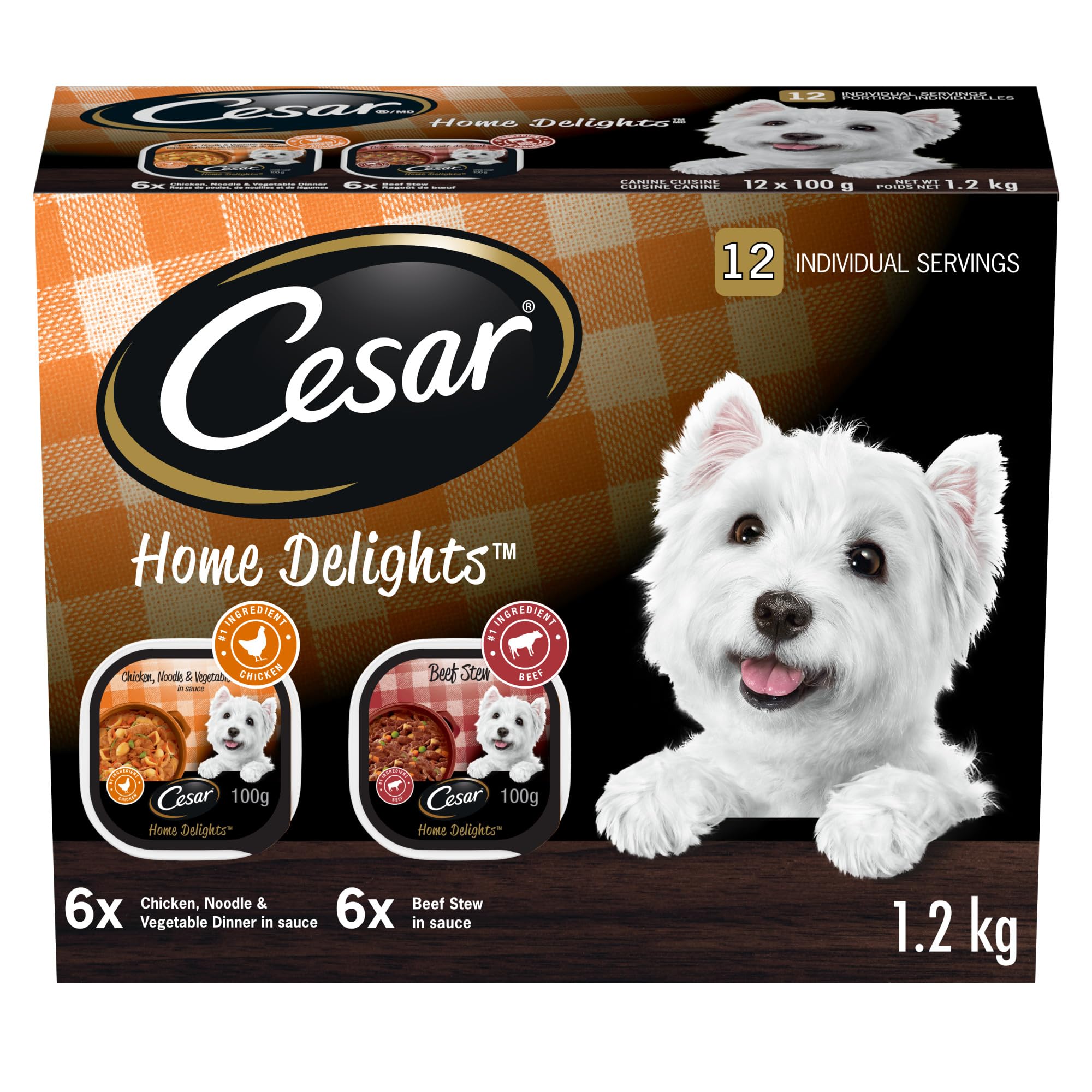 CESAR Home Delights Adult Wet Dog Food - 6 Beef Stew and 6 Hearty Chicken and Noodle Dinner in Sauce