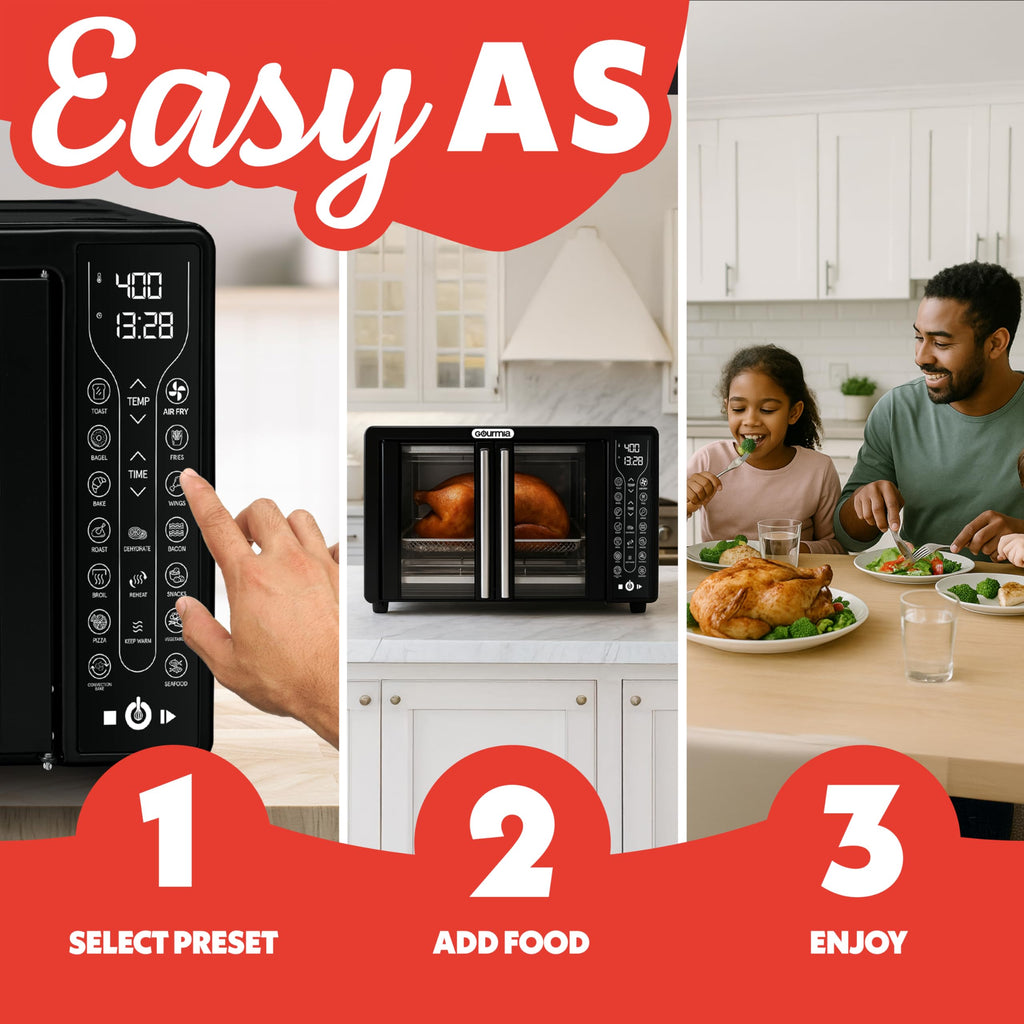 Gourmia Toaster Oven Air Fryer Combo 17 cooking presets 1700W french door digital air fryer oven 24L capacity accessories, convection rack, baking pan tray recipe book GTF7460,Large,Black