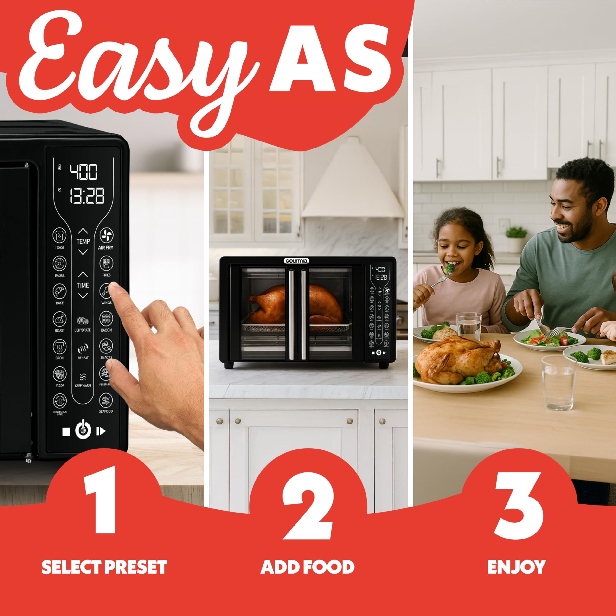 Gourmia Toaster Oven Air Fryer Combo 17 cooking presets 1700W french door digital air fryer oven 24L capacity accessories, convection rack, baking pan tray recipe book GTF7460,Large,Black