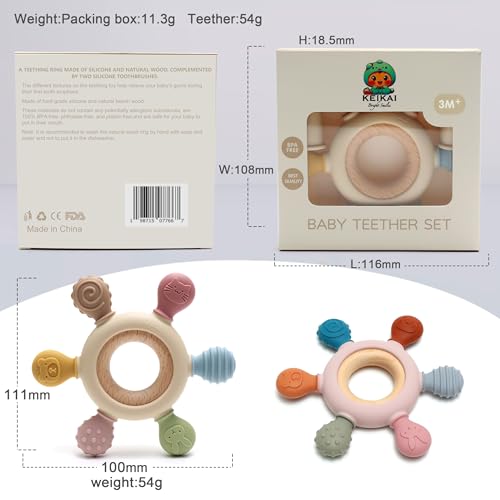 KEIKAI Bright Smiles Teething Toys for Babies, Baby Teethers Toy Teething Ring Silicone, Grasping Teething Toy, BPA Free Teething Nursing Accessories for 3+ Months Boy