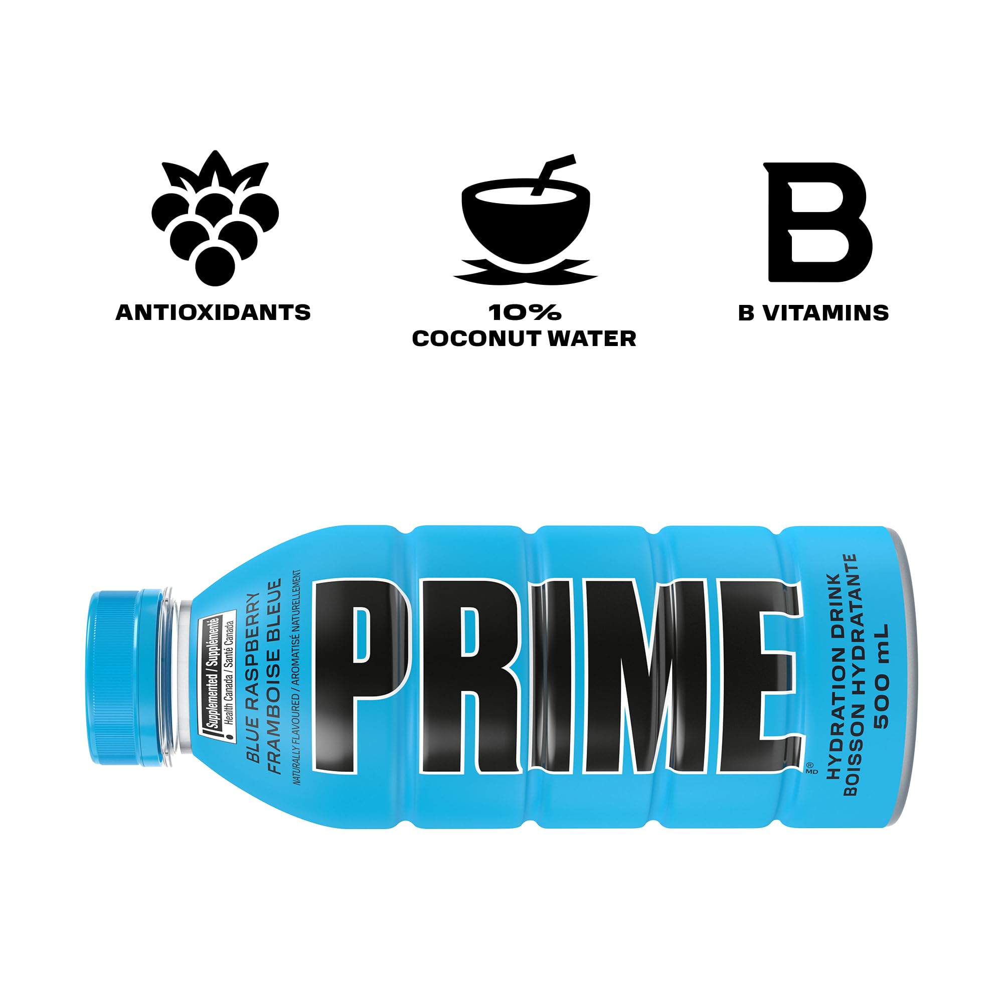 PRIME Hydration BLUE RASPBERRY | Sports Drinks | Electrolyte Enhanced | B Vitamins | Antioxidants | 2g of Sugar | 500 mL | 12 Pack