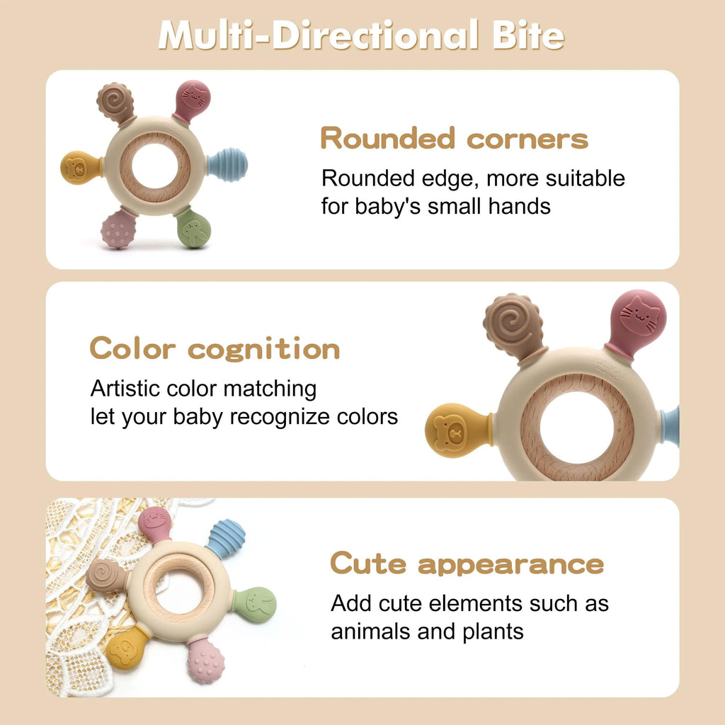 KEIKAI Bright Smiles Teething Toys for Babies, Baby Teethers Toy Teething Ring Silicone, Grasping Teething Toy, BPA Free Teething Nursing Accessories for 3+ Months Boy