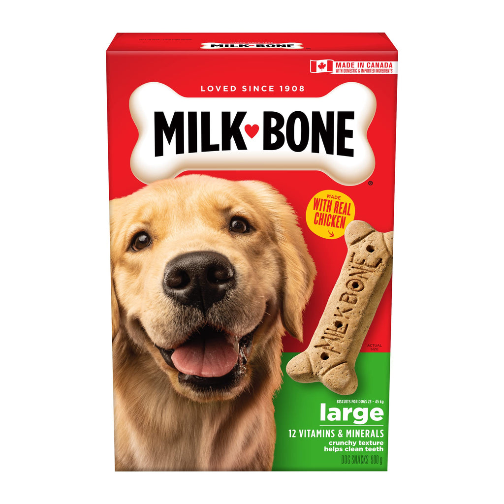 Milk-Bone Original Crunchy Biscuit Dog Treats with Real Chicken Helps Clean Teeth, Large Size Snacks for Big Dogs, 900g Box