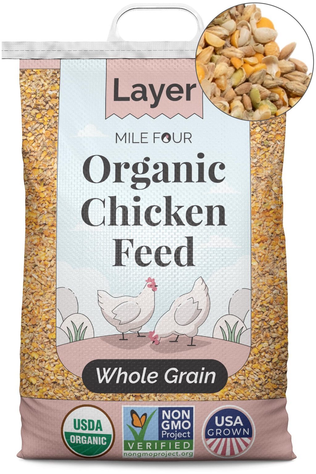 Organic Layer Feed for Chickens & Ducks. 16% Protein, Non-GMO, Corn Free, Soy Meal Free, 100% Whole Grains, Formulated to Optimize Health, Made for Layer Hens Aged 20+ Weeks (46 lb)
