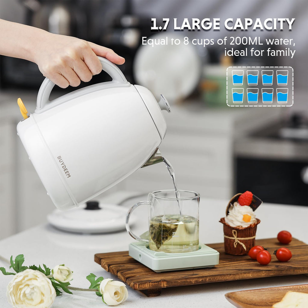 BUYDEEM K640 Stainless Steel Electric Tea Kettle with Auto Shut-Off and Boil Dry Protection, 1.7 Liter Cordless Hot Water Boiler with Swivel Base, 1440W