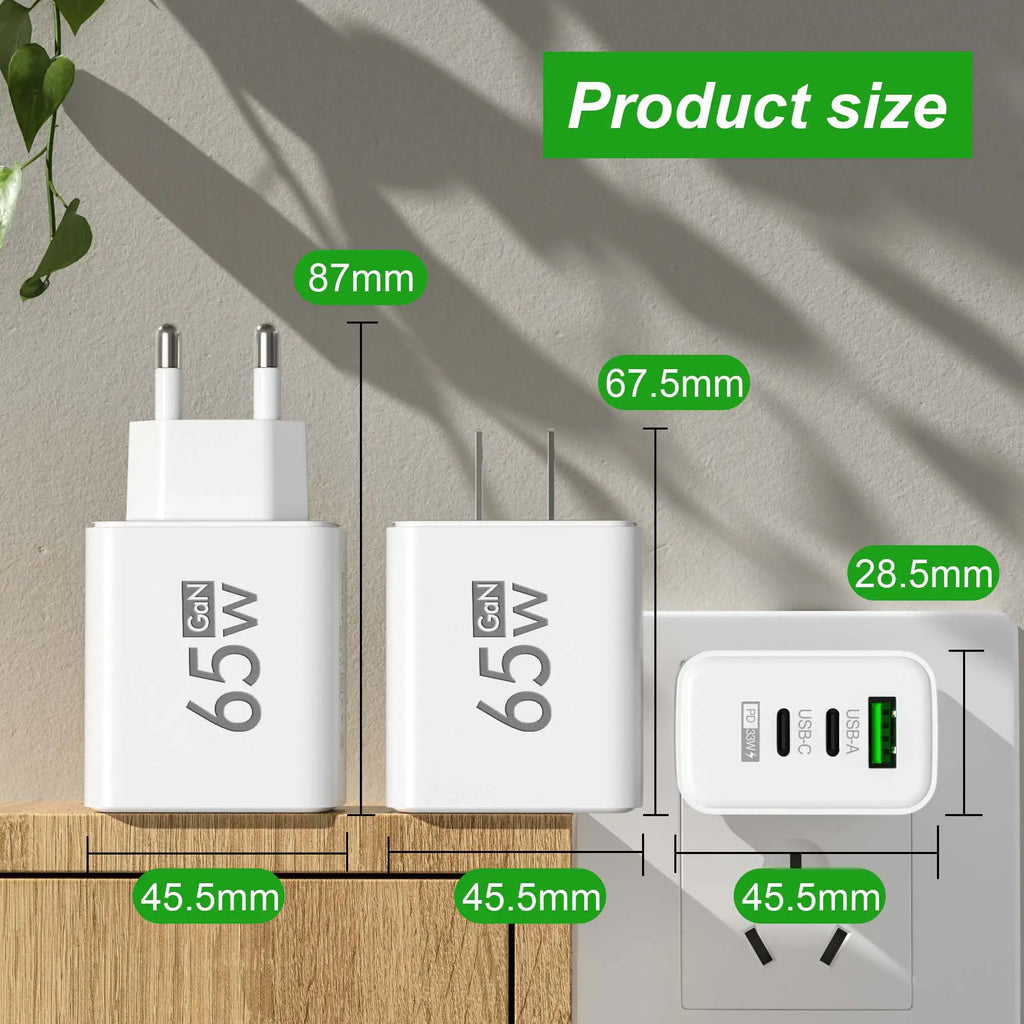 Total 65W GaN USB Type C Charger Fast Charging Mobile Phone Charge Adapter For iPhone Samsung Xiaomi Huawei QC 3.0 Wall Charger