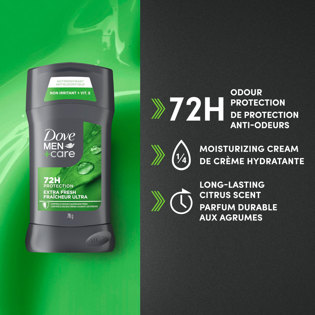 Dove Men+Care Antiperspirant Stick for 72h sweat & odour protection Extra Fresh with Triple Action moisturizer to help prevent skin irritation caused by dryness, 76g (Pack of 4)