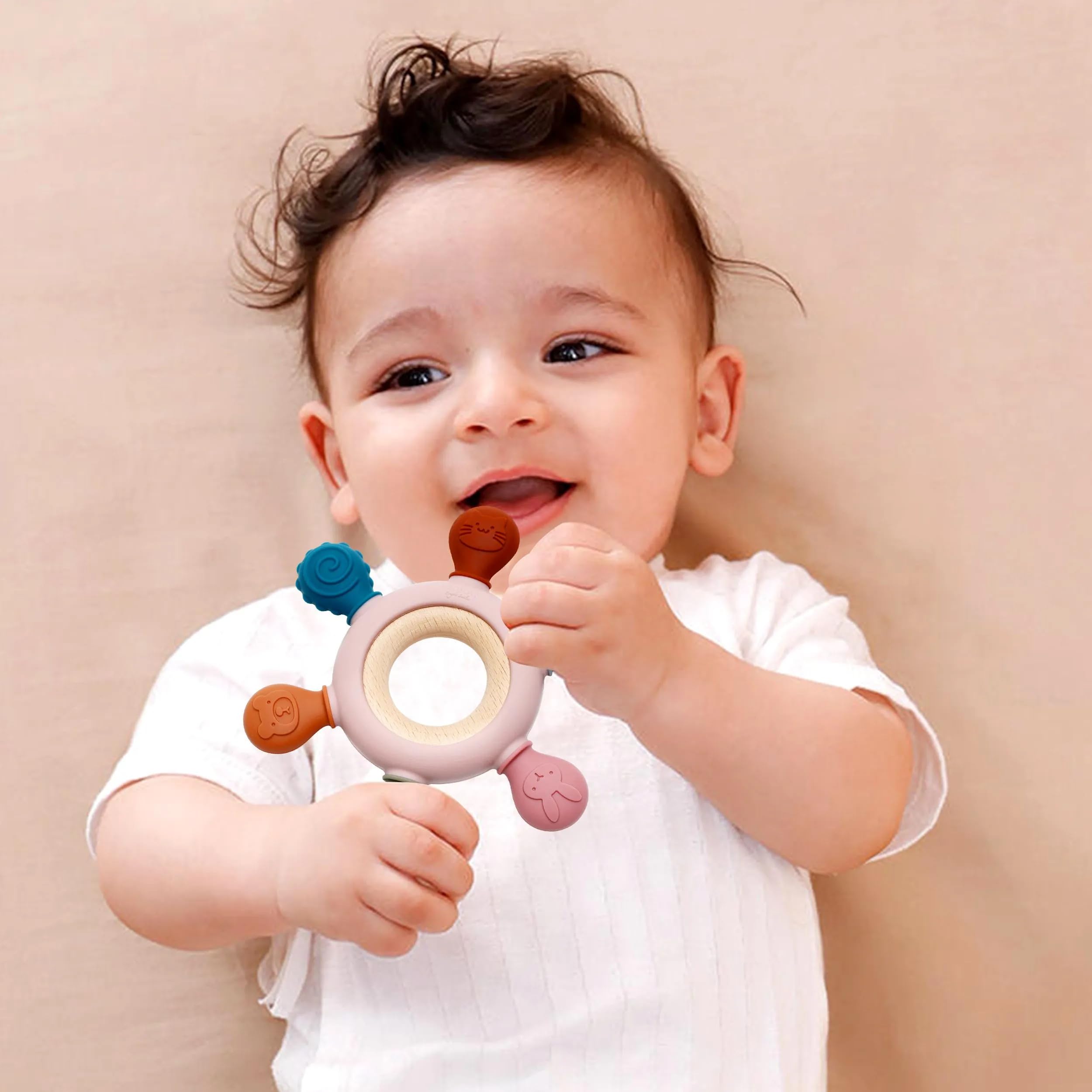 KEIKAI Bright Smiles Teething Toys for Babies, Baby Teethers Toy Teething Ring Silicone, Grasping Teething Toy, BPA Free Teething Nursing Accessories for 3+ Months Boy