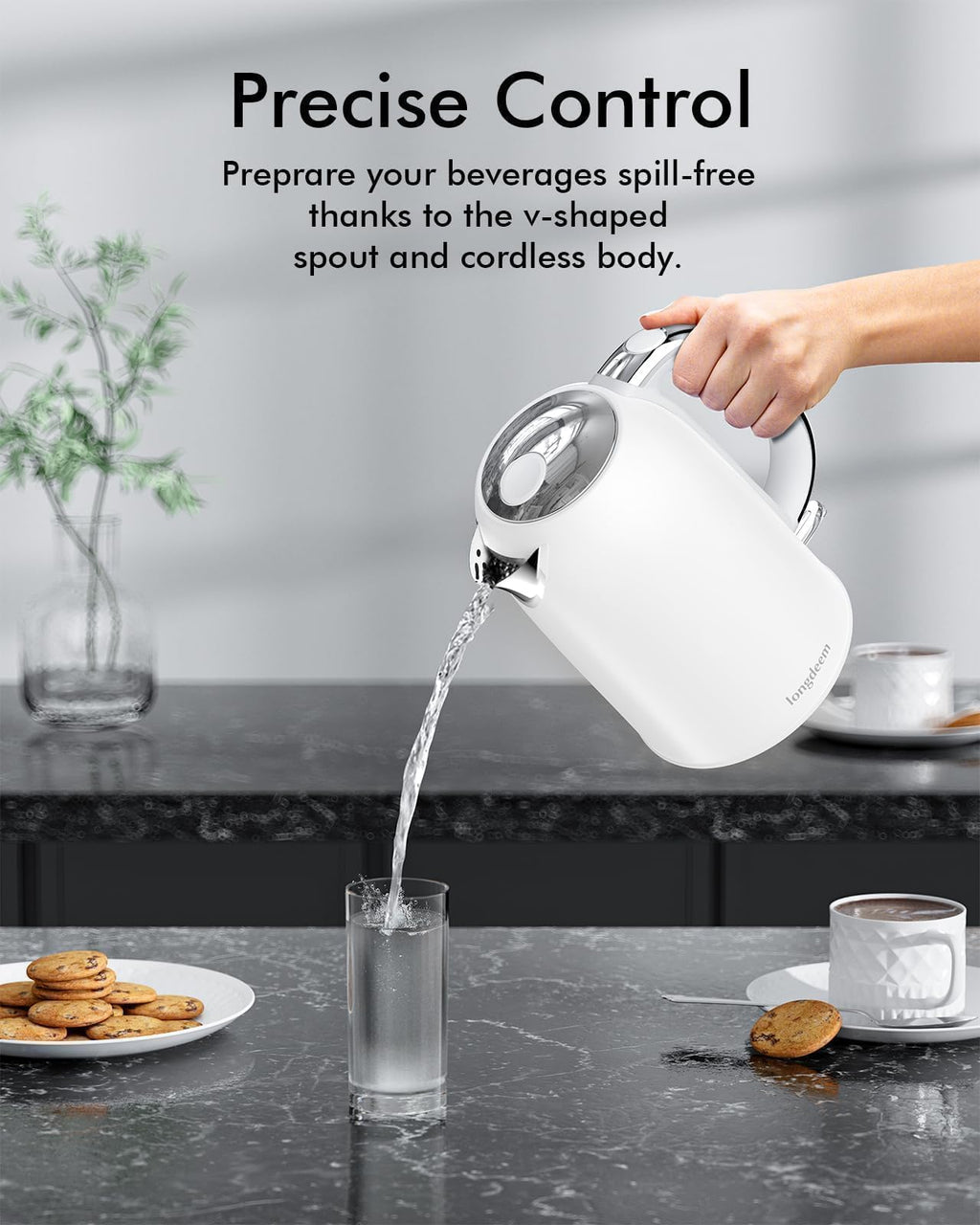 LONGDEEM Electric Tea Kettle for Boiling Water, Wide-Open Lid Stainless Steel Water Boiler, 1500W/1.7L, Auto Shut Off & Boil-Dry Protection, Cordless Swivel Base & LED Indicator