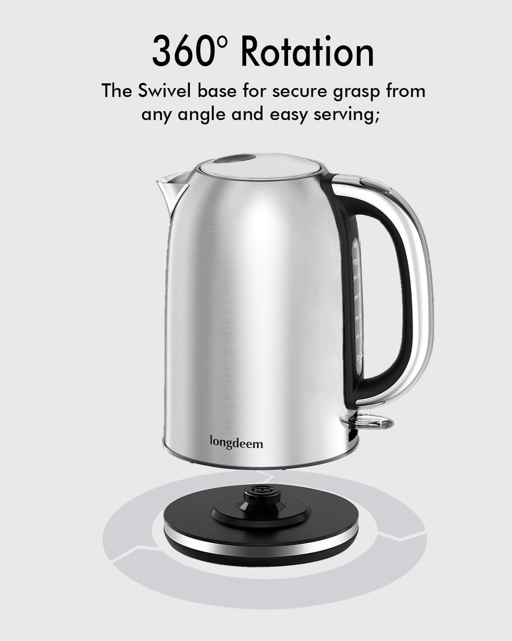 LONGDEEM Electric Tea Kettle for Boiling Water, Wide-Open Lid Stainless Steel Water Boiler, 1500W/1.7L, Auto Shut Off & Boil-Dry Protection, Cordless Swivel Base & LED Indicator