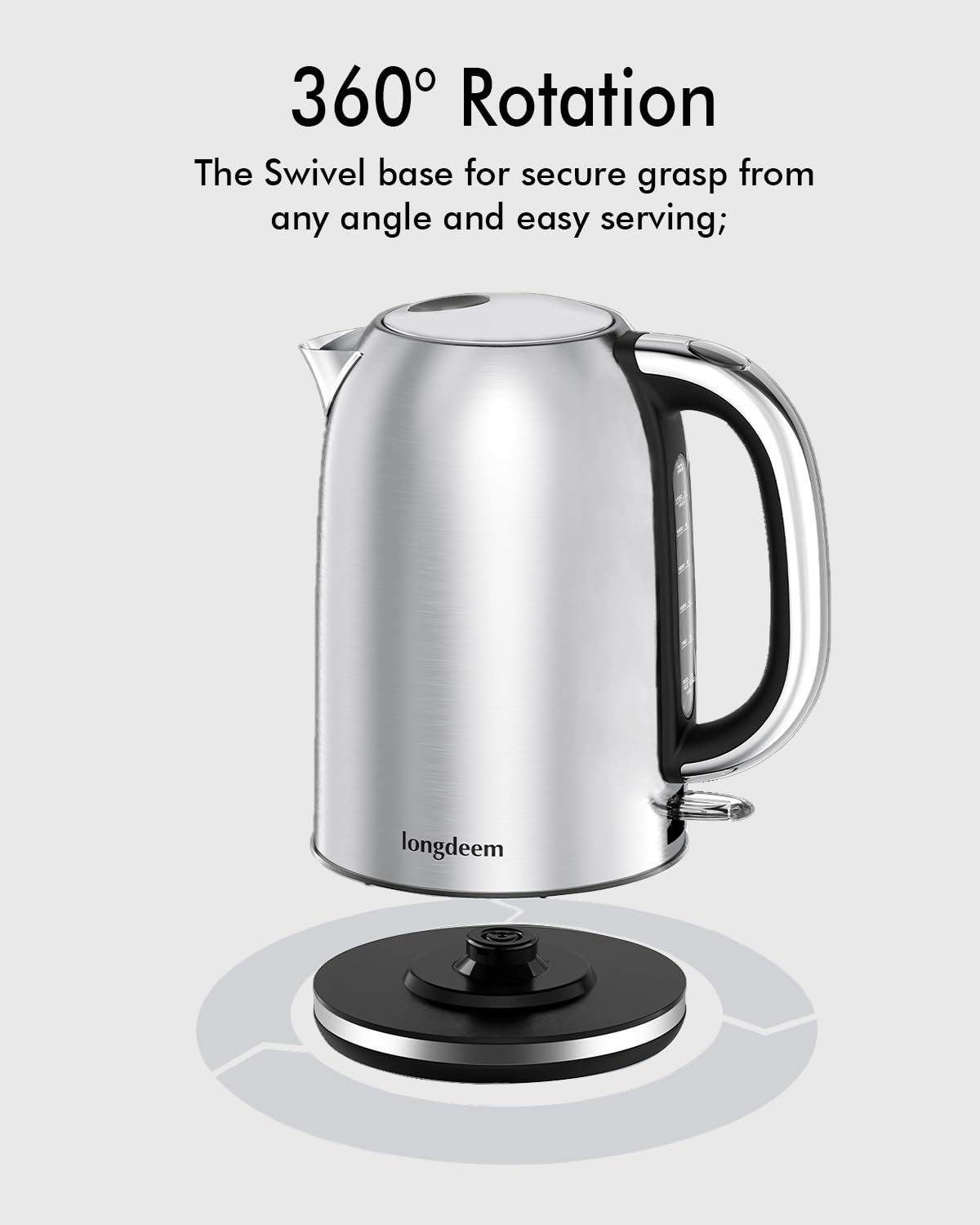 LONGDEEM Electric Tea Kettle for Boiling Water, Wide-Open Lid Stainless Steel Water Boiler, 1500W/1.7L, Auto Shut Off & Boil-Dry Protection, Cordless Swivel Base & LED Indicator