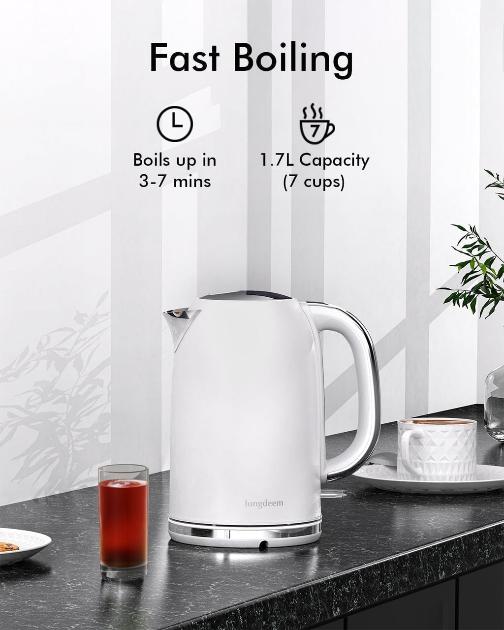 LONGDEEM Electric Tea Kettle for Boiling Water, Wide-Open Lid Stainless Steel Water Boiler, 1500W/1.7L, Auto Shut Off & Boil-Dry Protection, Cordless Swivel Base & LED Indicator