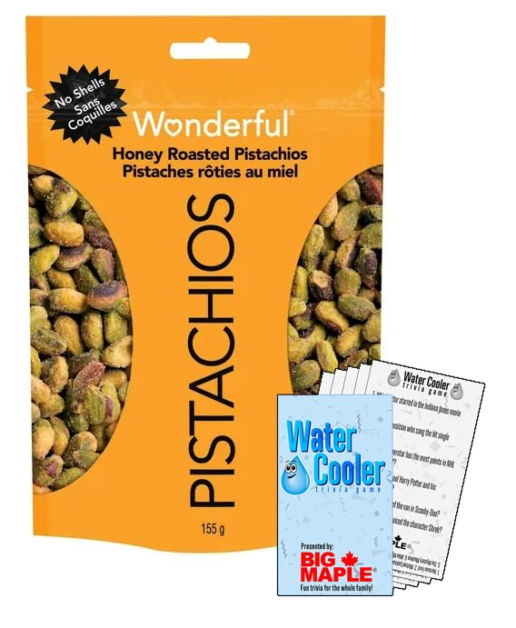 Honey Roasted Pistachios Bundle. Includes (1) Package of Wonderful Honey Roasted Pistachios (155g) – NO SHELLS - with Water Cooler Trivia Game by 🍁 BIG MAPLE®. Tasty Snack for the Office, Movies, Road Trip, Sports, Studying
