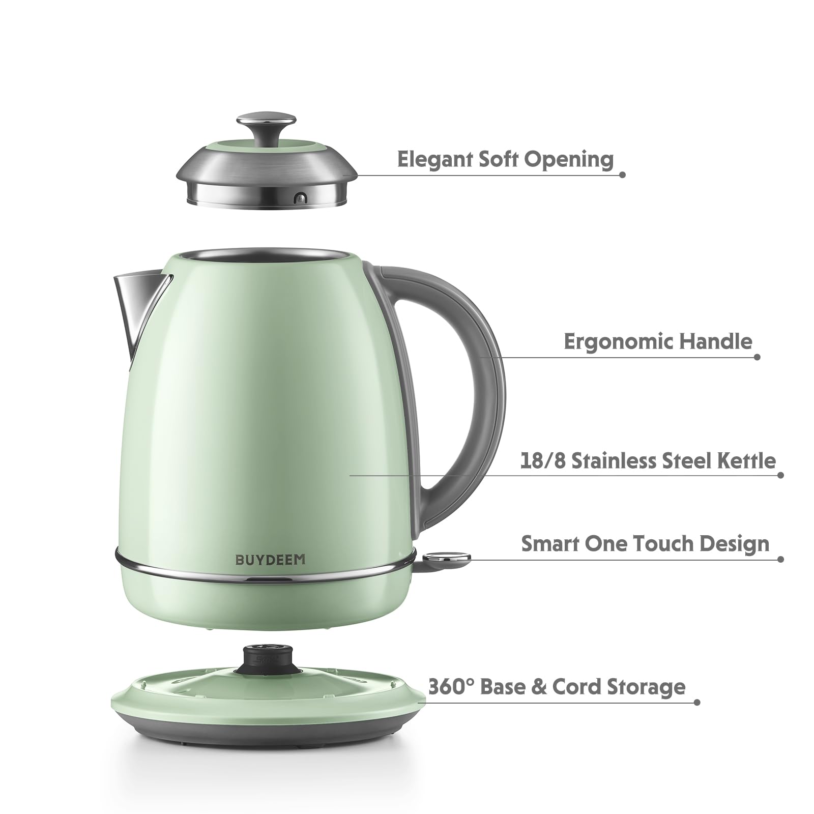 BUYDEEM K640 Stainless Steel Electric Tea Kettle with Auto Shut-Off and Boil Dry Protection, 1.7 Liter Cordless Hot Water Boiler with Swivel Base, 1440W