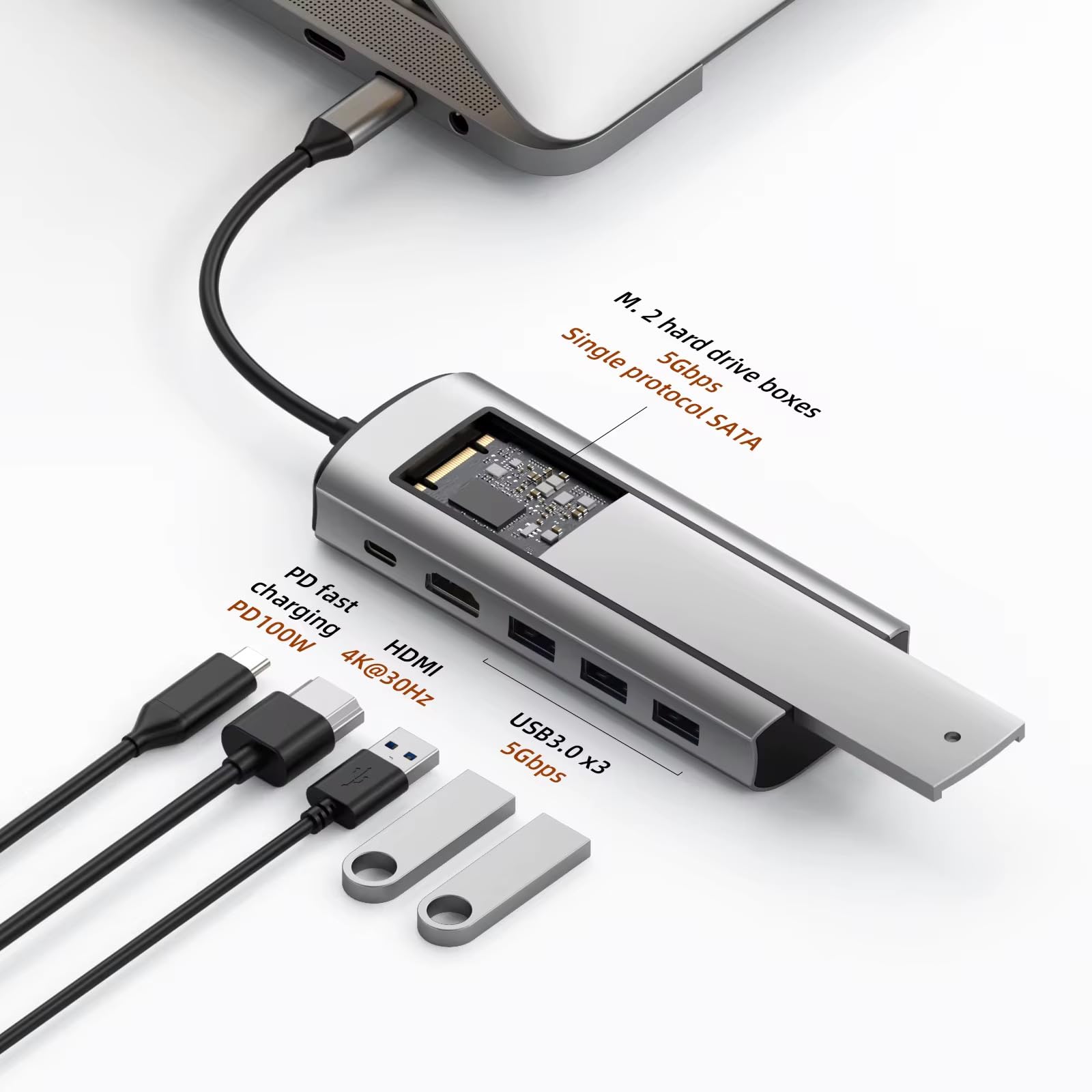 SSD Hub 6 in 1 USB c Hub Type-C to PD HD-MI USB3.0, USB2.0*2 SSD Hard Drive Box Single Agreement