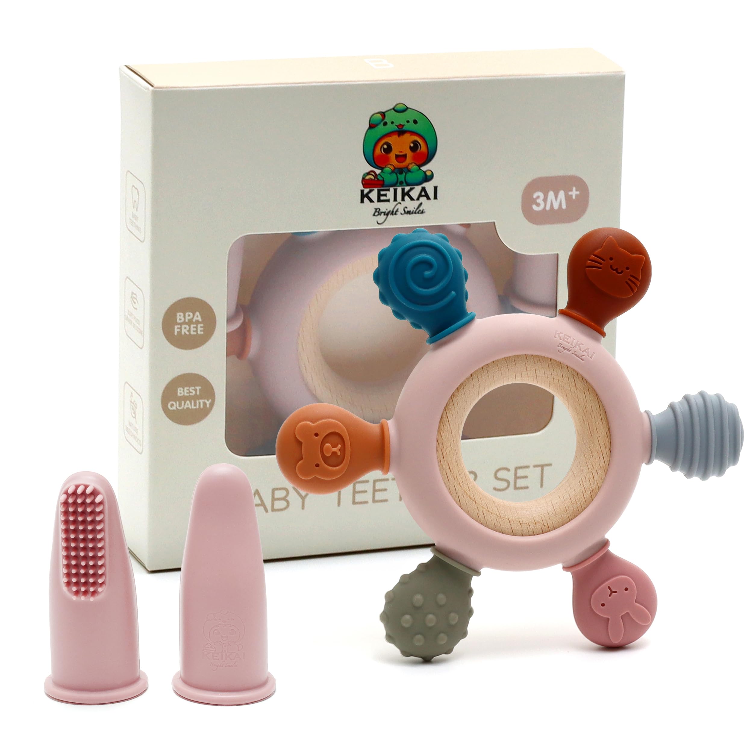 KEIKAI Bright Smiles Teething Toys for Babies, Baby Teethers Toy Teething Ring Silicone, Grasping Teething Toy, BPA Free Teething Nursing Accessories for 3+ Months Boy