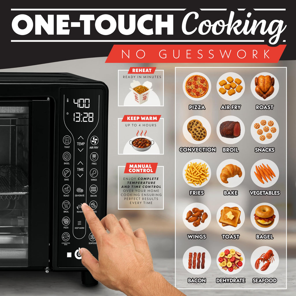 Gourmia Toaster Oven Air Fryer Combo 17 cooking presets 1700W french door digital air fryer oven 24L capacity accessories, convection rack, baking pan tray recipe book GTF7460,Large,Black