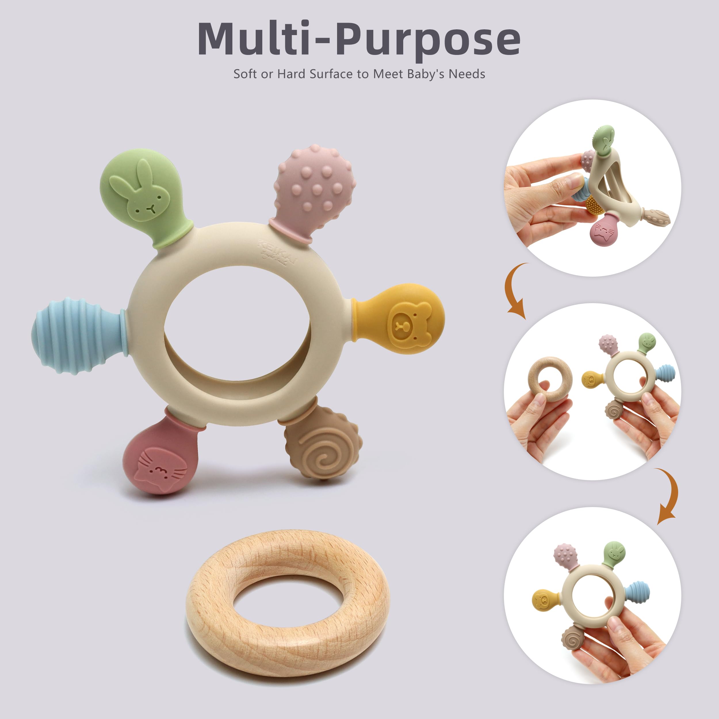 KEIKAI Bright Smiles Teething Toys for Babies, Baby Teethers Toy Teething Ring Silicone, Grasping Teething Toy, BPA Free Teething Nursing Accessories for 3+ Months Boy