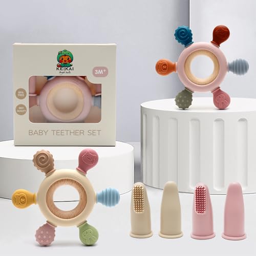 KEIKAI Bright Smiles Teething Toys for Babies, Baby Teethers Toy Teething Ring Silicone, Grasping Teething Toy, BPA Free Teething Nursing Accessories for 3+ Months Boy